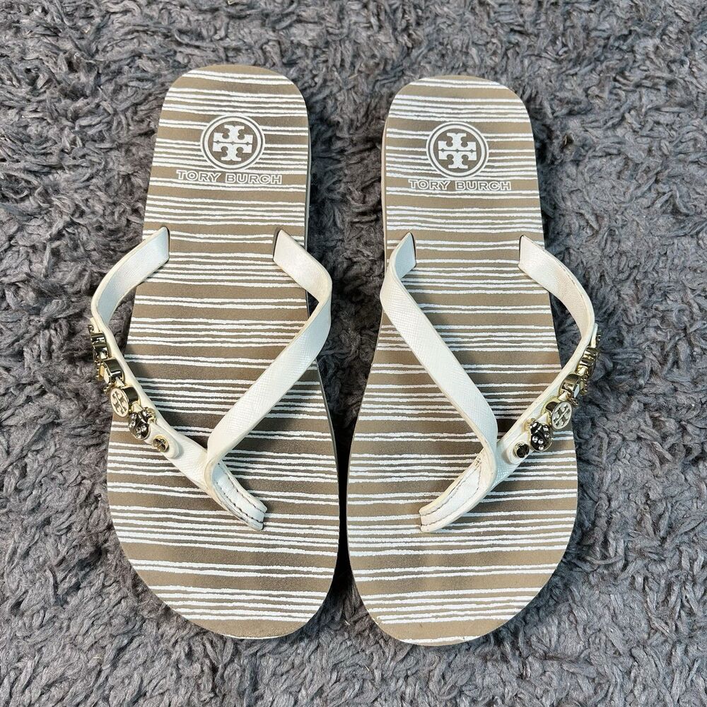 TORY BURCH Flip Flops 7 US Tan White Classic Summer Beach Rubber Sandals